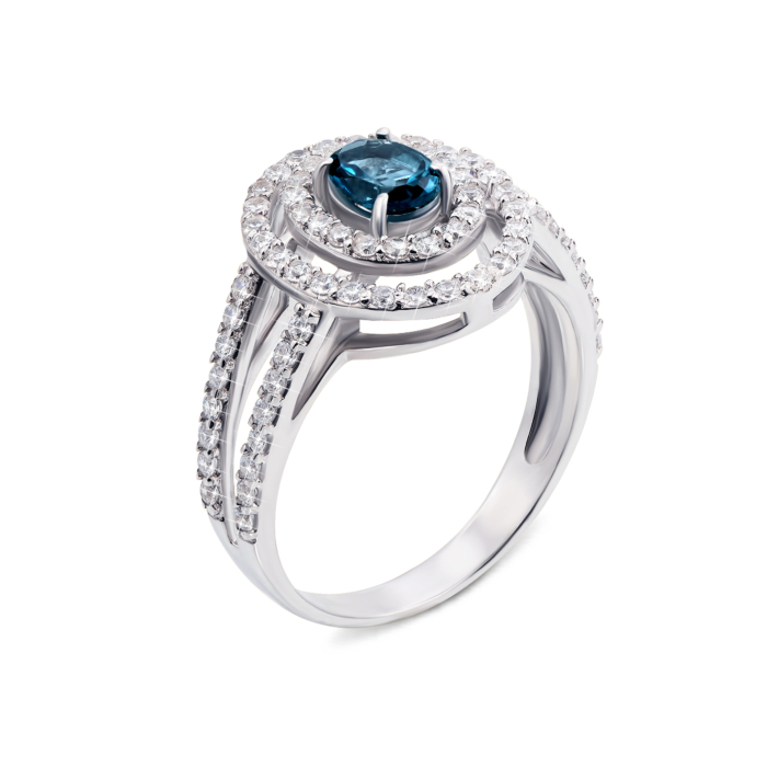 Срібна каблучка з лондон-топазом і фіанітами. Артикул 1582/9р