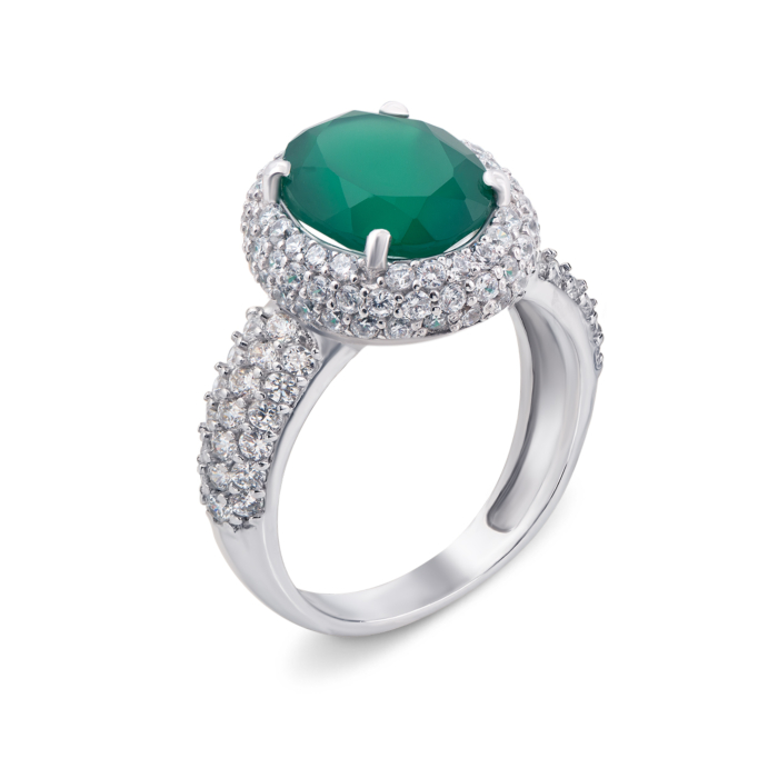 Серебряное кольцо с зеленым агатом и фианитами. Артикул 1592/9р