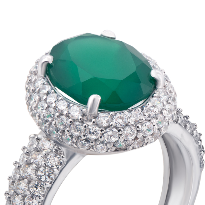 Серебряное кольцо с зеленым агатом и фианитами. Артикул 1592/9р