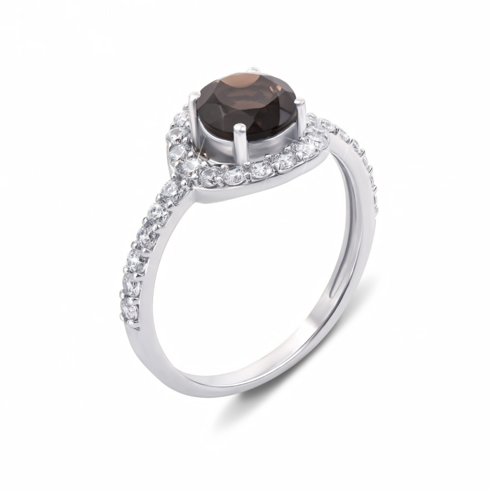 Срібна каблучка з димчастим кварцом і фіанітами. Артикул 1596/9р