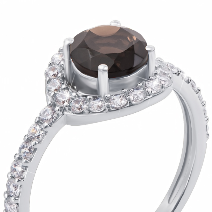 Срібна каблучка з димчастим кварцом і фіанітами. Артикул 1596/9р