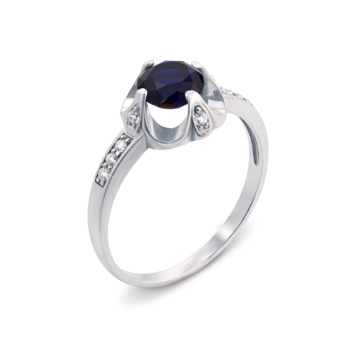 Срібна каблучка з гідротермальним сапфіром і фіанітами. Артикул 1615/9р