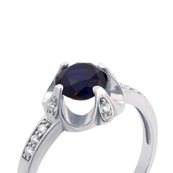 Срібна каблучка з гідротермальним сапфіром і фіанітами. Артикул 1615/9р