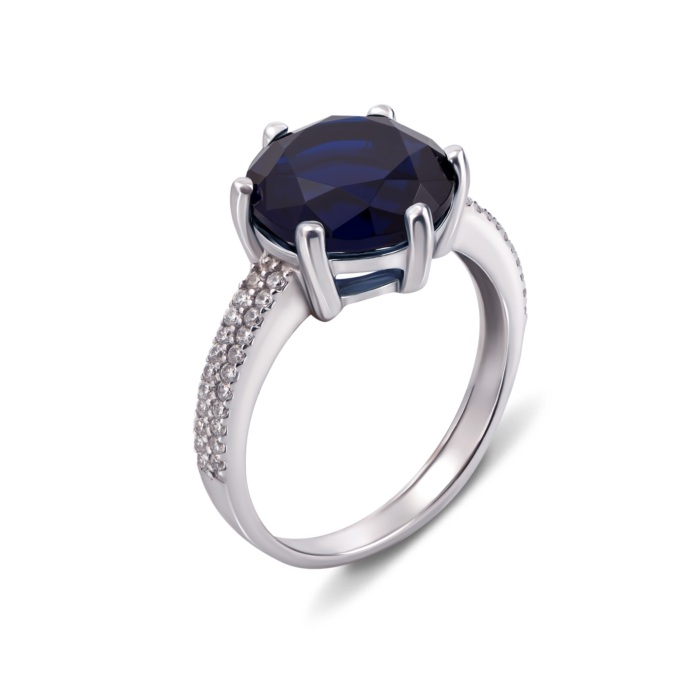 Срібна каблучка з гідротермальним сапфіром і фіанітами. Артикул 1618/9р