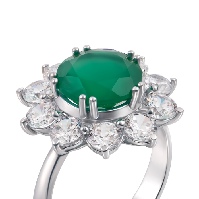 Срібна каблучка з зеленим агатом і фіанітами. Артикул 1622/9р