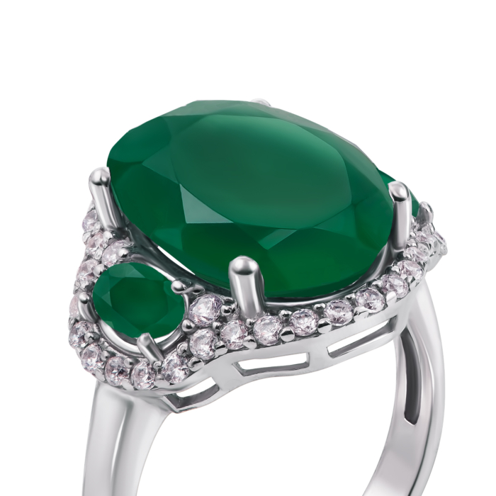 Срібна каблучка з зеленим агатом і фіанітами. Артикул 1628/9р