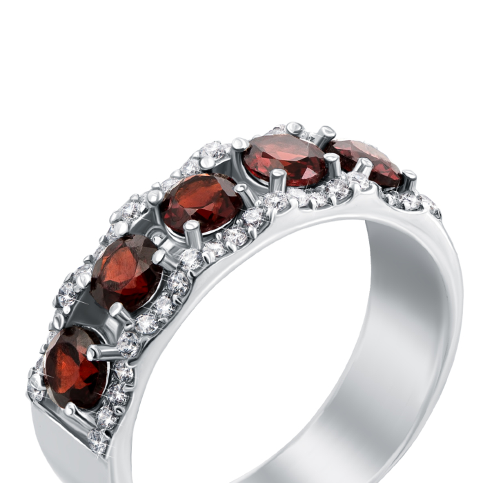 Срібна каблучка з гранатом і фіанітами. Артикул 1630/9р