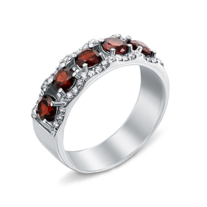 Срібна каблучка з гранатом і фіанітами. Артикул 1630/9р