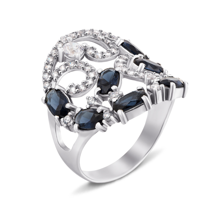 Серебряное кольцо с гидротермальным сапфиром и фианитами. Артикул 1640/9р
