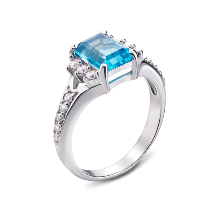 Срібна каблучка з блакитним кварцом і фіанітами. Артикул 1656/9р