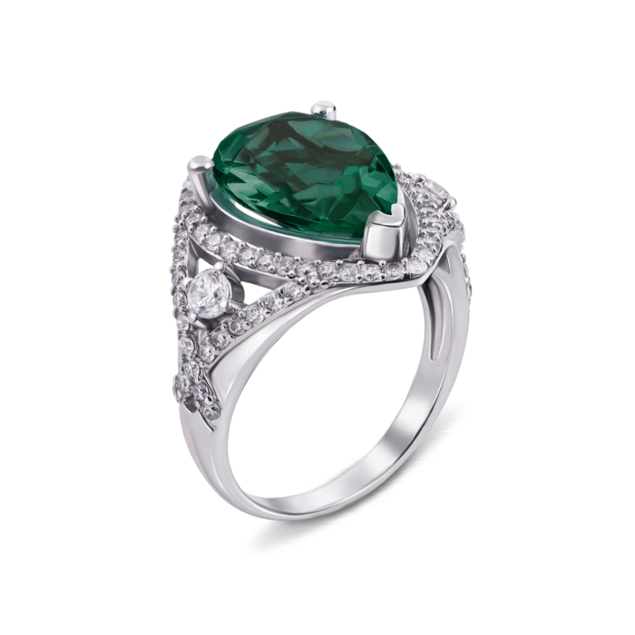 Срібна каблучка з зеленим кварцом і фіанітами. Артикул 1675/9р