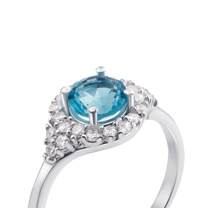 Срібна каблучка з блакитним кварцом і фіанітами. Артикул 1677/9р