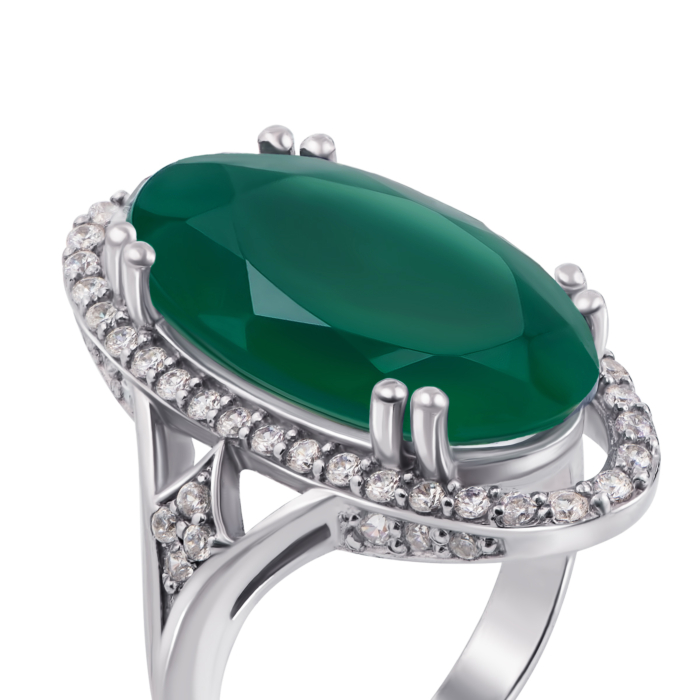 Серебряное кольцо с зеленым агатом и фианитами. Артикул 1688/9р