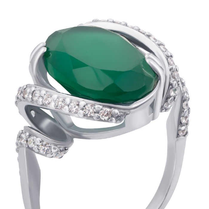 Серебряное кольцо с зеленым агатом и фианитами. Артикул 1690/9р