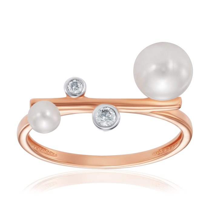 Золотое кольцо с жемчугом и фианитами. Артикул 17046/01/1/3362