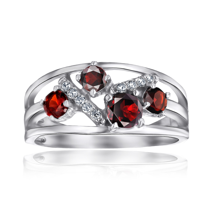 Срібна каблучка з гранатом та фіанітами. Артикул 1710/1р-GARN