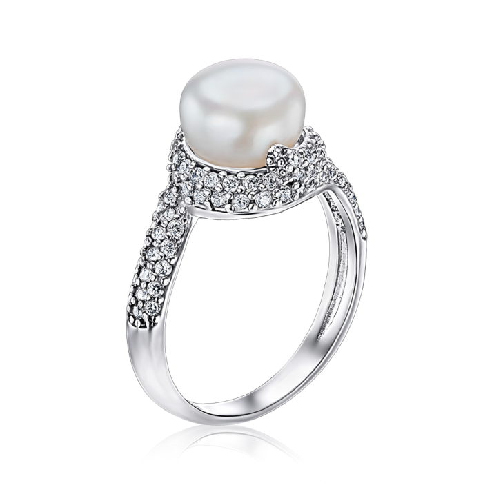 Серебряное кольцо с жемчугом и фианитами. Артикул 1715/9р-PWT