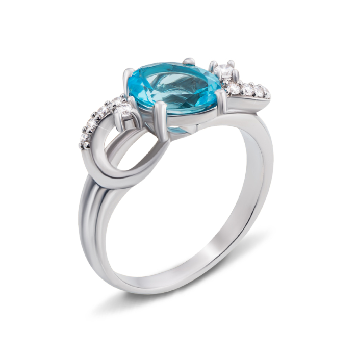 Срібна каблучка з блакитним кварцом і фіанітами. Артикул 1720/9р