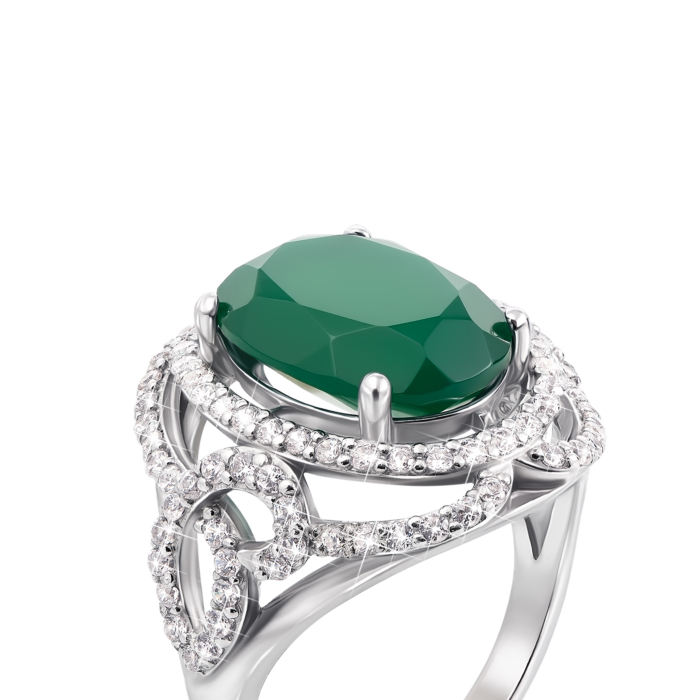 Срібна каблучка з зеленим агатом і фіанітами. Артикул 1726/9р