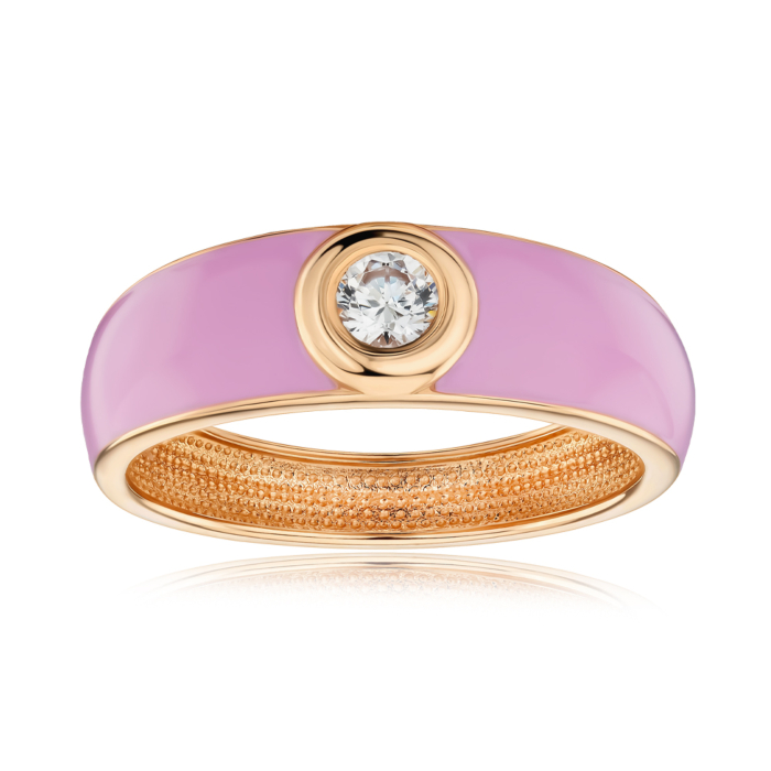 Золота каблучка з рожевою емаллю та фіанітом 17266/01/0/21657