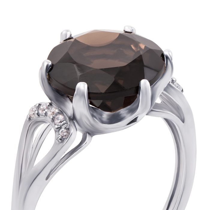 Срібна каблучка з димчастим кварцом і фіанітами. Артикул 1729/9р