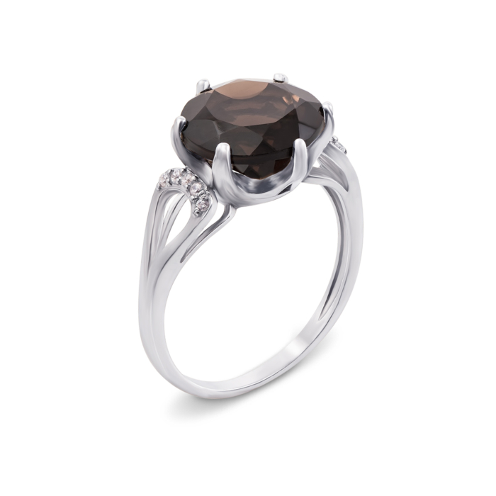 Срібна каблучка з димчастим кварцом і фіанітами. Артикул 1729/9р