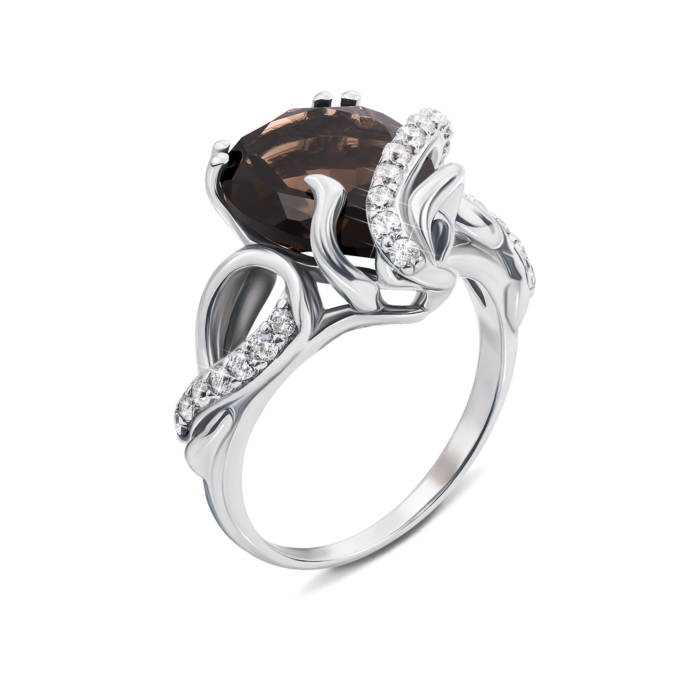 Серебряное кольцо с дымчатым кварцем и фианитами. Артикул 1742/9р