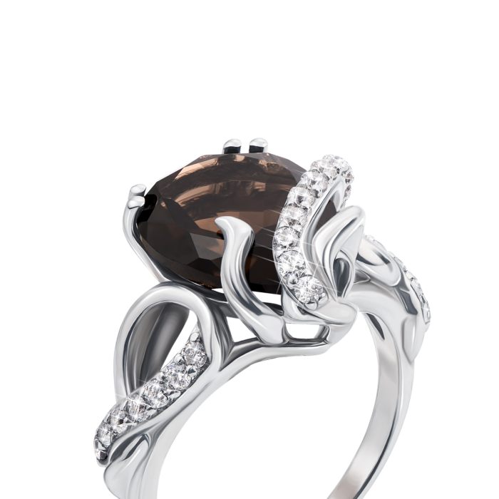Серебряное кольцо с дымчатым кварцем и фианитами. Артикул 1742/9р