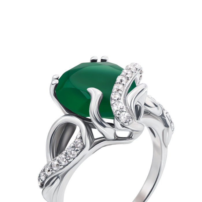 Срібна каблучка з зеленим агатом і фіанітами. Артикул 1742/9р