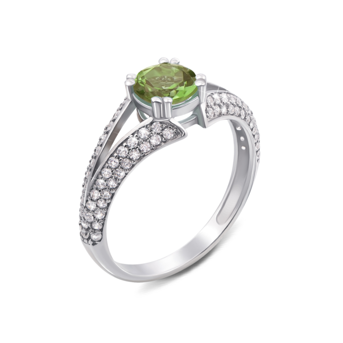 Срібна каблучка з хризолітом і фіанітами. Артикул 1744/9р