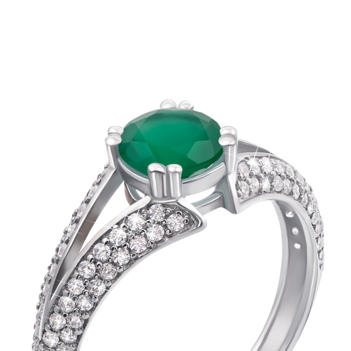 Серебряное кольцо с зеленым агатом и фианитами. Артикул 1744/9р