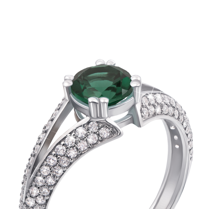 Серебряное кольцо с зеленым кварцем и фианитами. Артикул 1744/9р