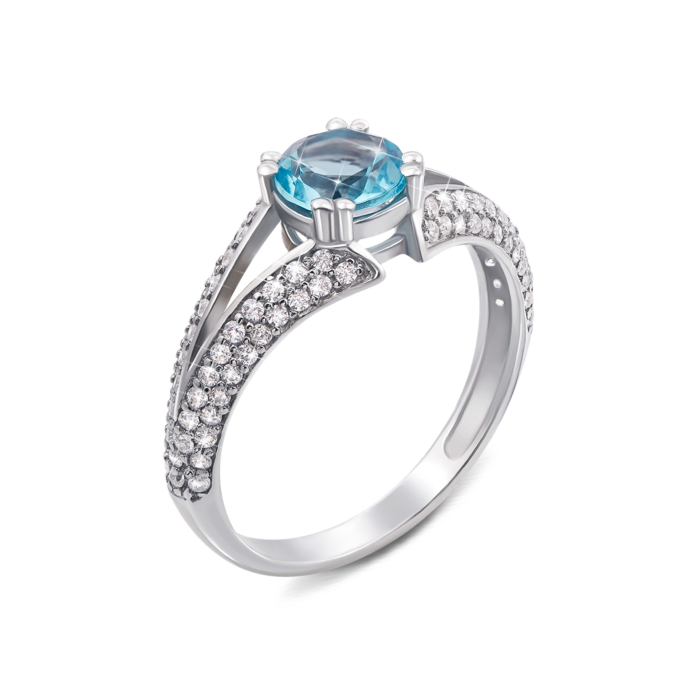 Серебряное кольцо с голубым топазом и фианитами. Артикул 1744/9р