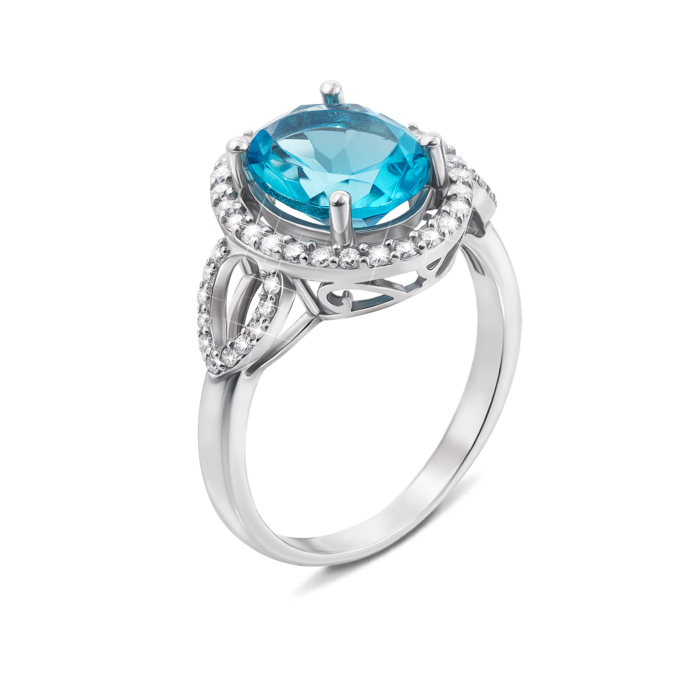Срібна каблучка з блакитним кварцом і фіанітами. Артикул 1747/9р
