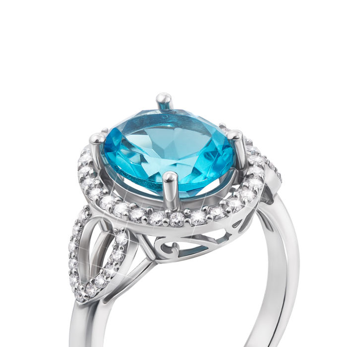 Срібна каблучка з блакитним кварцом і фіанітами. Артикул 1747/9р