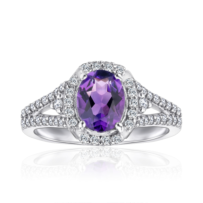Срібна каблучка з аметистом та фіанітами. Артикул 1750/9р-AMT