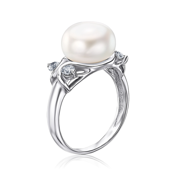 Срібна каблучка з перлиною та фіанітами. Артикул 1763/9р