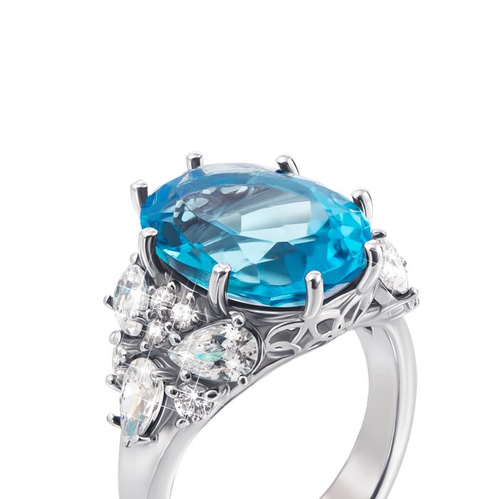Серебряное кольцо с голубым кварцем и фианитами. Артикул 1807/9р