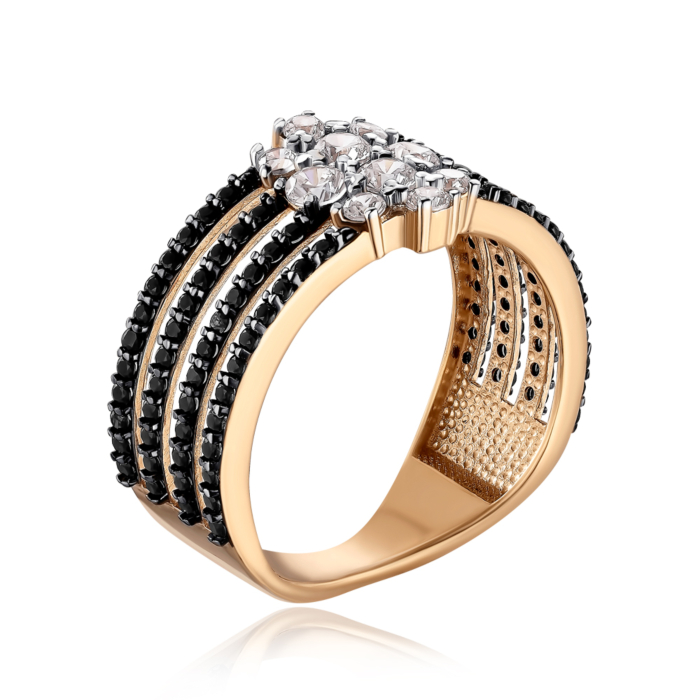 Золота каблучка з білими та чорними фіанітами 18454/01/1/4466