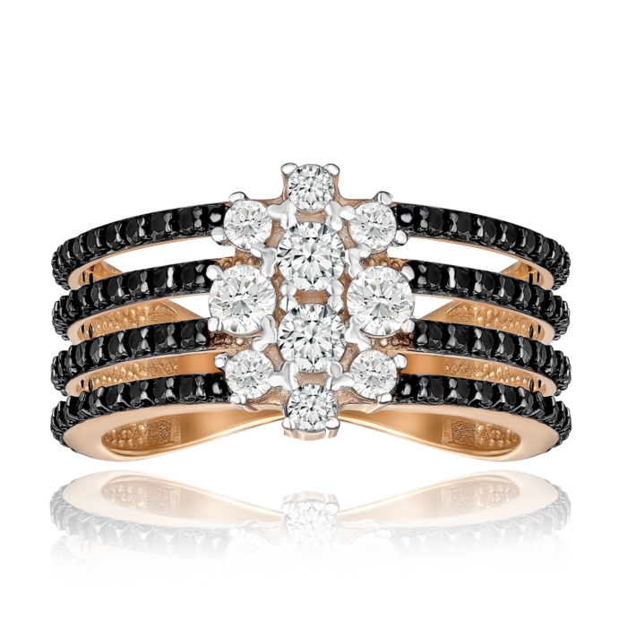 Золота каблучка з білими та чорними фіанітами 18454/01/1/4466