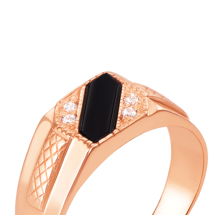 Золотая печатка с ониксом и фианитами. Артикул 19024