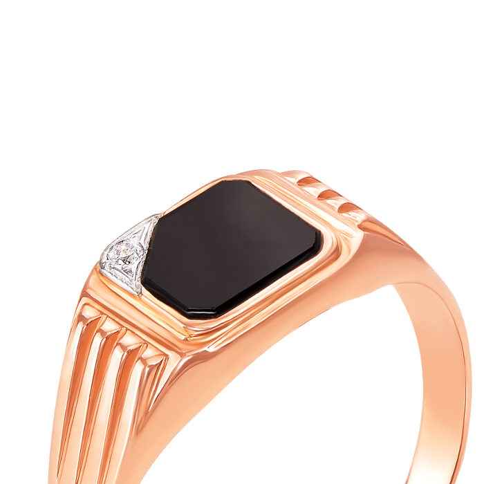 Золотая печатка с ониксом и фианитом. Артикул 19027