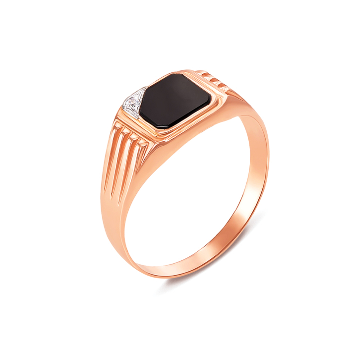 Золотая печатка с ониксом и фианитом. Артикул 19027