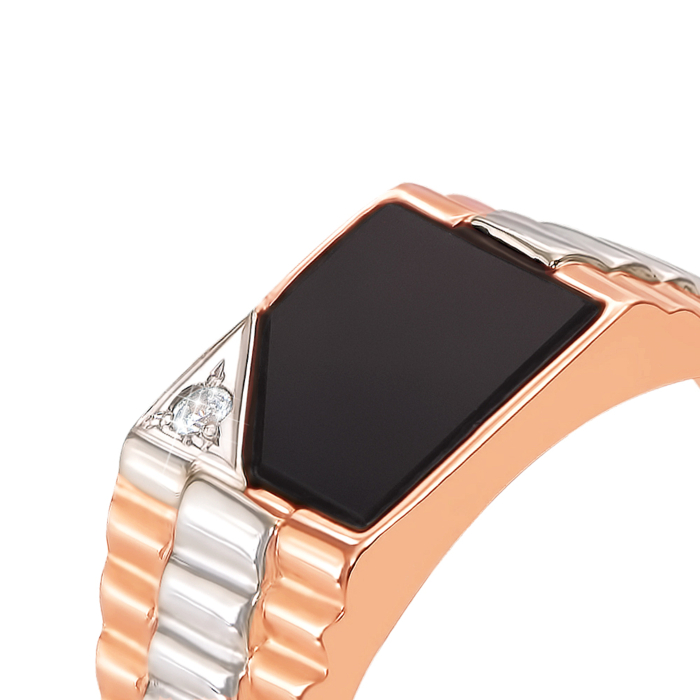 Золота печатка з оніксом і фіанітом. Артикул 19029