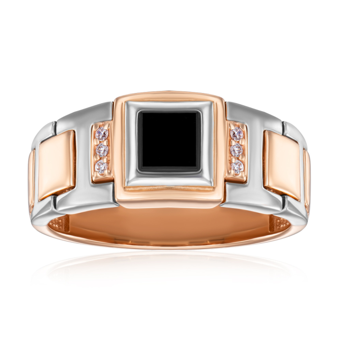 Золотая печатка с ониксом и фианитами. Артикул 19077 (19077/01/1/107)