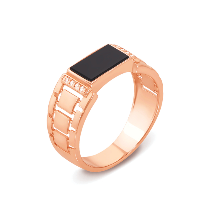 Золотая печатка с ониксом и фианитами. Артикул 19085