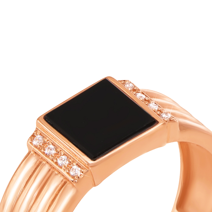 Золота печатка з оніксом і фіанітами. Артикул 19097