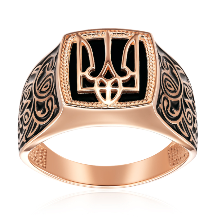 Золотое кольцо с ониксом и эмалью. Артикул 19171/01/0/21066