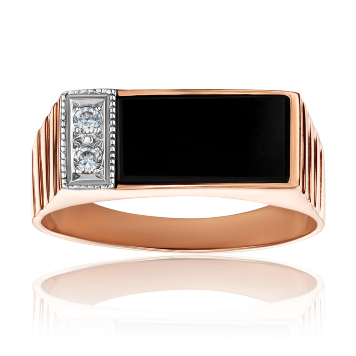 Золота печатка з оніксом і фіанітами. Артикул 1922/01/1/1028 (1922)