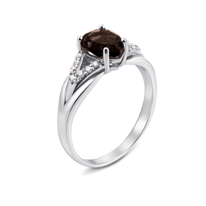 Срібна каблучка з димчастим кварцом і фіанітами. Артикул 1937/9р